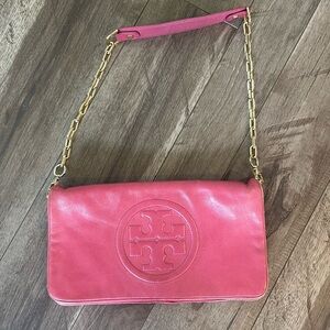 Tory Burch Pink Leather Shoulder Bag with Gold Chain